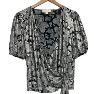 Michael Kors Silver Foil Paisley Wrap Blouse